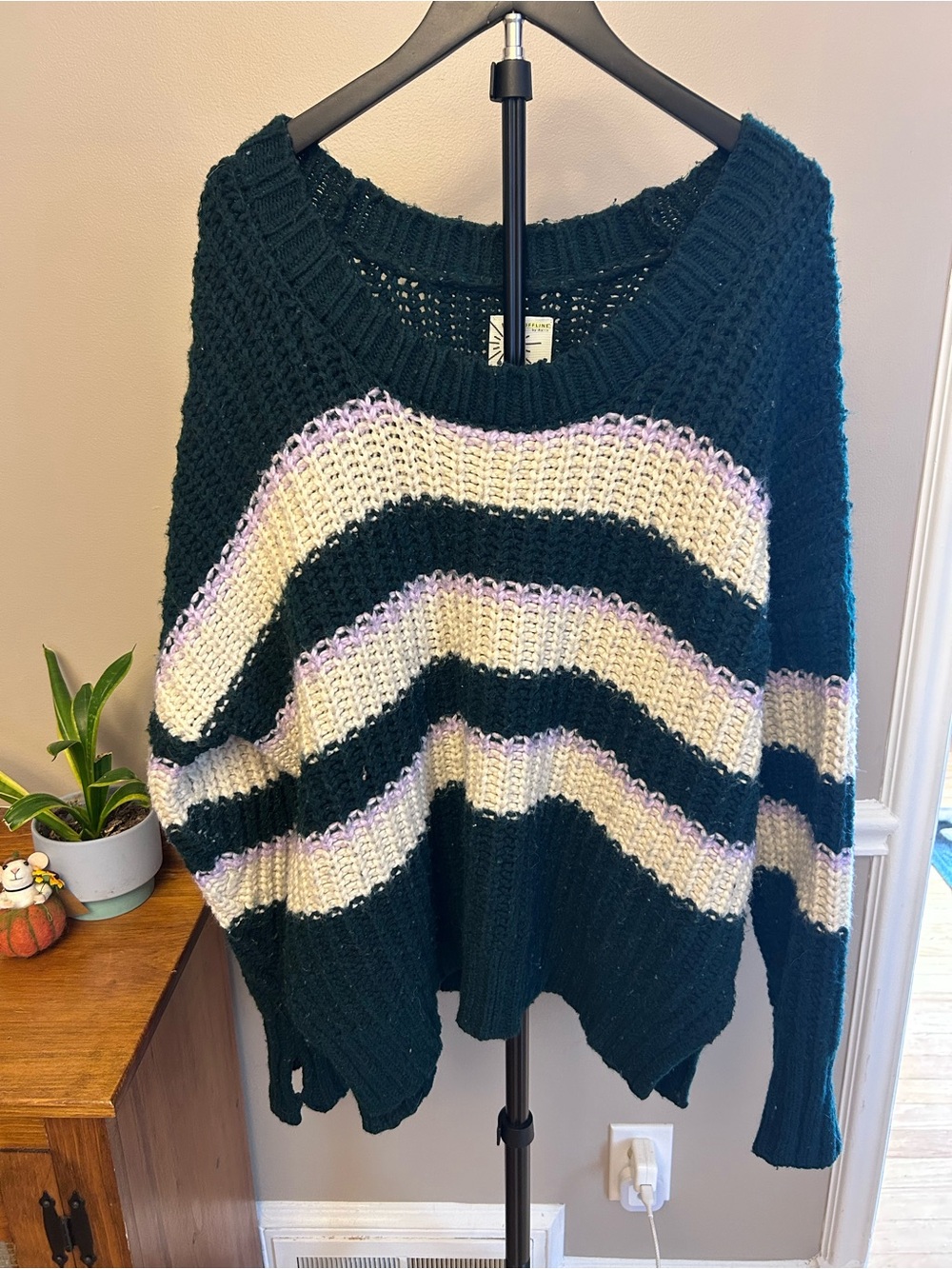 aerie Dark Green Open-Knit Sweater with Cream & Lilac Stripes